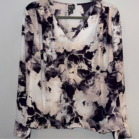 Worthington Abstract Floral V-Neck Blouse - Black and Cream - Picture 1 of 6